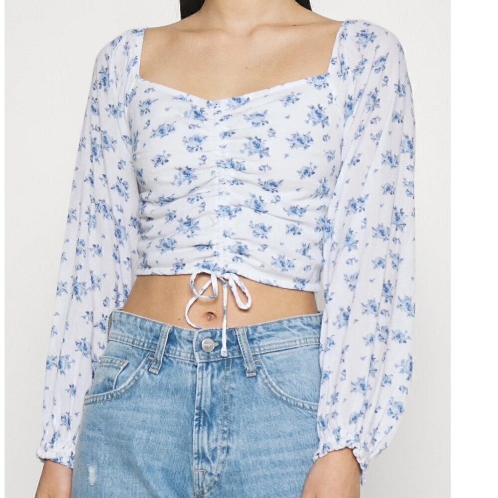 Hollister Floral Smocked Linen Crop Top in Blue Combo